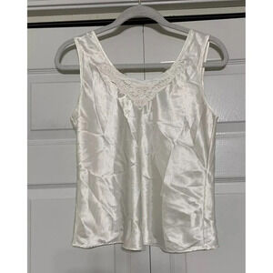 Vintage Escapades Ivory Silky Satin Cami Tank Top Applique Lace Medium (Q43)